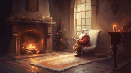Santa Claus by the fireplace, reading a book in a cozy wooden room. oil Christmas retro card