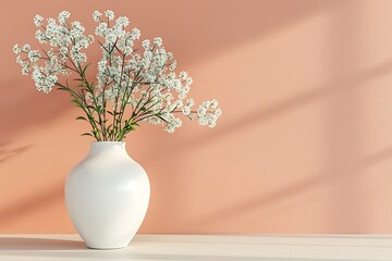 Fototapeta premium White vase with small flowers on a peach wall, minimalistic home decor, modern living room ambiance.