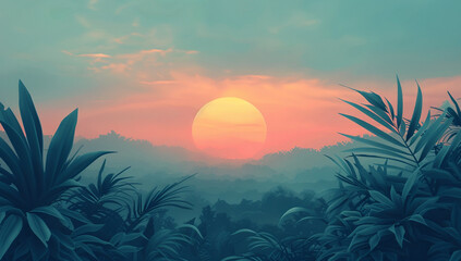 Obraz premium Serene and colorful sunset over lush, tropical landscape with silhouettes of foliage in foreground