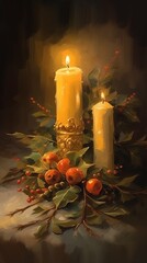 Christmas Still Life with Candles and Christmas Tree Branches, Retro Oil Painting. Realistic Winter and Christmas Wall Painting. Christmas Card