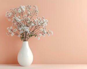 White vase with small flowers, peach wall background, minimalistic and modern home interior style.