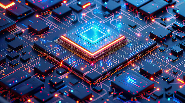 Futuristic blue neon microchip smart new microchip concept data exchange and collection quantum computer large data processing database concept CPU isometric banner central computer processors 