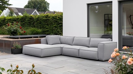 Two gray wicker sofas and a small table sit on a patio in front of an old European building, surrounded by cobblestones