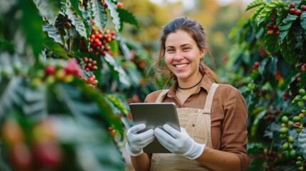 A female farmer stands in a coffee plantation, smiling and holding a tablet