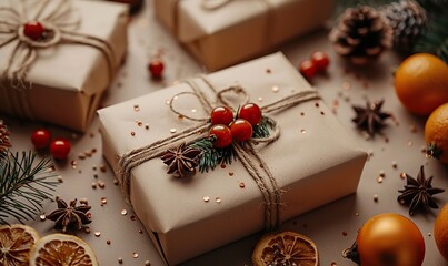 craft paper gift boxes, festive decor on beige background.stock image