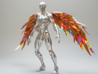 Robotic Angel with Wings of Feathers and Gold, 3D Artwork
