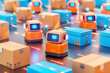 Warehouse robots sorting and delivering packages using advanced automation technology for efficient logistics and shipping operations.