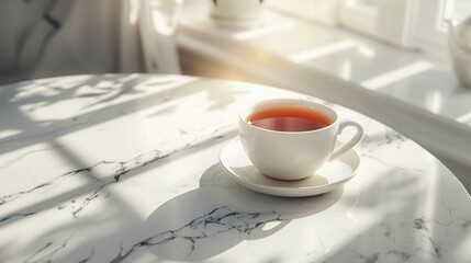 White cup of tea on a white marble in front a bright window and sun reflection