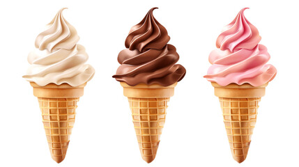 three soft serve ice cream cones on isolated background, neapolitan - chocolate, vanilla, strawberry - print quality