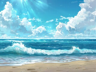 Blue ocean with waves, sandy beach and beautiful cloudy sky with sun. Landscape of sea nature from the anime series. Banner for advertising and websites.