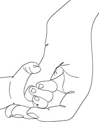 Single line drawn hand gestures, minimalistic parent hand and baby, children hand holding finger. Love, motherhood, paternity, childhoodб care sign. Linear drawing 