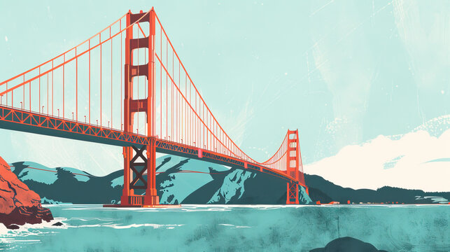 Risograph riso print travel poster, card, wallpaper or banner illustration, modern, isolated, clear and simple of Golden Gate Bridge, San Francisco, USA. Artistic, screen printing, stencil digital dup