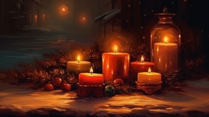 Christmas Still Life with Candles and Christmas Tree Branches, Retro Oil Painting. Realistic Winter and Christmas Wall Painting. Christmas Card