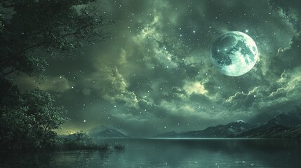 Fototapeta premium Majestic full moon over a tranquil mountain lake at night, serene landscape with moonlight reflection on water, starry sky, perfect for nature and wilderness themed designs