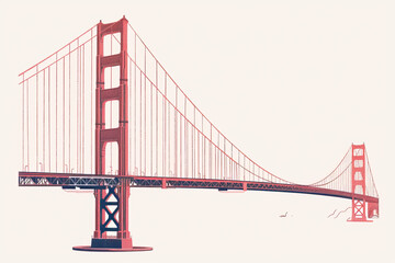 Obraz premium Risograph riso print travel poster, card, wallpaper or banner illustration, modern, isolated, clear and simple of Golden Gate Bridge, San Francisco, USA. Artistic, screen printing, stencil digital dup