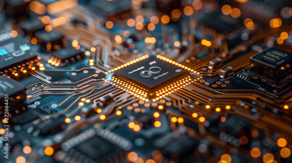 Poster A close-up image of a processor chip on a circuit board. The chip is illuminated by bright orange lights, and the intricate circuitry is visible.