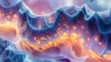 An abstract swirling pattern containing blue and pinks. Desktop background inspired by alien mountains and a nebula. Surreal artwork.