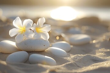 White stones and frangipani flowers on a sunlit sand background, creating a calming spa banner scene.