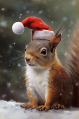 Realistic squirrel in red beanie with white on winter background. Retro oil painting. Squirrel in Santa's hat. Realistic Winter and Christmas Wall Painting. Christmas Card