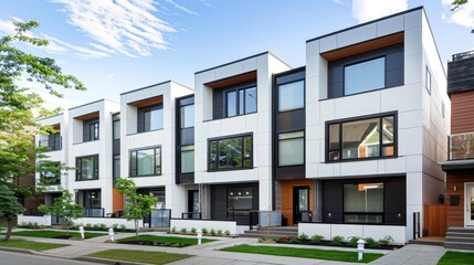 A row of white townhouses with black metal fences and green lawns in front of them