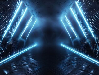 dark abstract background with blue neon lines and spotlights