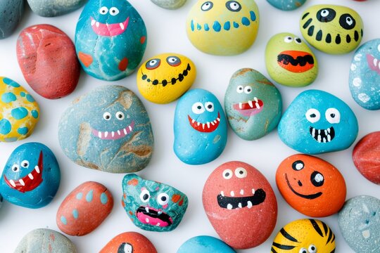 A collection of vibrantly painted rocks featuring cute monster faces, perfect for creative projects, children&rsquo;s activities, or unique art inspiration