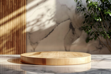 Wooden pedestal podium on table in kitchen interior.
