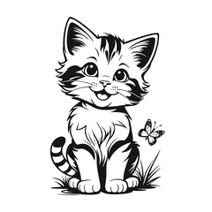 Cute black and white hand drawn kitten with a butterfly. Vector cartoon illustration.