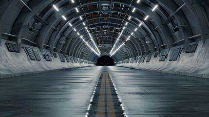 A futuristic, sci-fi spaceship hangar. The hangar is spacious and features a sleek, metallic interior with curved walls and a long, narrow path leading into darkness - AI Generated Digital Art