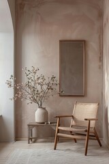 Interior of living room with wooden armchairs and vase with flowers