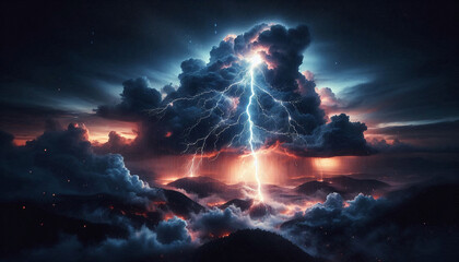 Fototapeta premium Lightning and Dark Cloud in Thunderstorm, Stock Illustration