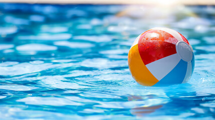 Colorful beach ball floating in the water of an outdoor swimming pool, with sunlight creating a soft glow on its surface and reflecting off the blue waters.
