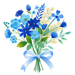 Blue watercolor wildflower bouquet binding with ribbon vector illustration 
