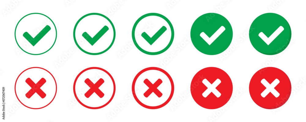 Aufkleber right or wrong icons. green tick and red cross checkmarks. yes or no symbol, approved or rejected ic