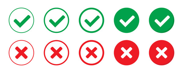 Right or wrong icons. Green tick and red cross checkmarks. Yes or no symbol, approved or rejected icon for user interface. © Maksim