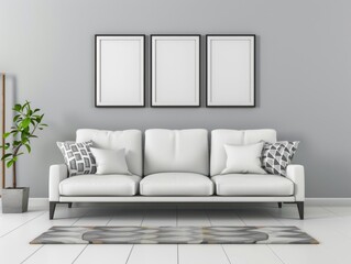 Modern living room with sofa and picture frames on the wall