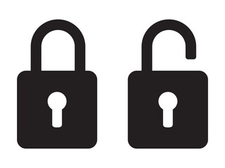 Padlock icon, security icon. Black locked unlocked padlock icon.