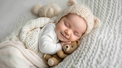 An adorable newborn baby peacefully sleeping, snuggling a small, knitted teddy bear - AI Generated Digital Art