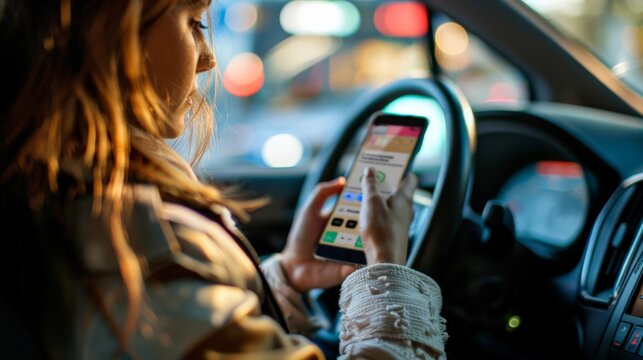 A woman paying for a taxi ride using a mobile payment app