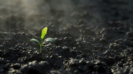 A tiny green sprout emerges from the black soil