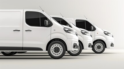 A row of white delivery vans are parked in a lot under a bright blue sky with white clouds