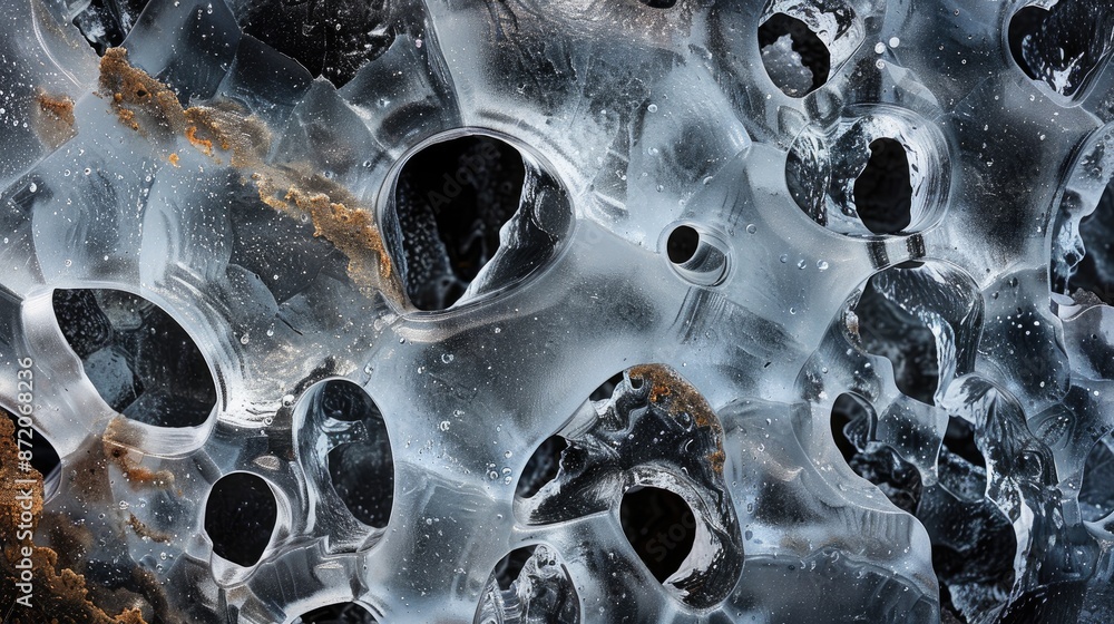 Poster ice block with holes on dark backdrop abstract frozen water shapes viewed up close