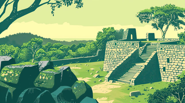 Risograph riso print travel poster, card, wallpaper banner illustration, modern, clear, simple of Great Zimbabwe Ruins, Masvingo, Zimbabwe. Artistic, landmark printing, stencil backdrop background