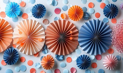 vintage paper fans in colors of usa flag on white table, confetti stars happy independence day labor day presidents day concept.illustration
