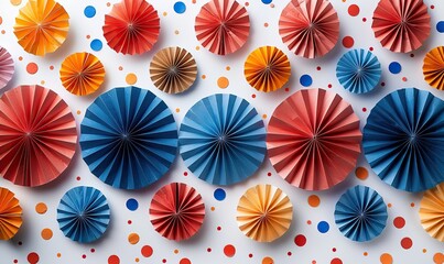 vintage paper fans in colors of usa flag on white table, confetti stars happy independence day labor day presidents day concept.image