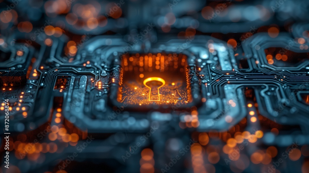 Poster Close-up of a glowing keyhole icon embedded in a circuit board, representing digital security and access.