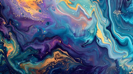 A vibrant abstract painting with swirling patterns of blues, purples, and golds, creating a sense of movement and depth