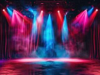 Theater stage light background with spotlight illuminated the stage.. Empty stage with bright colors backdrop decoration. Entertainment show.