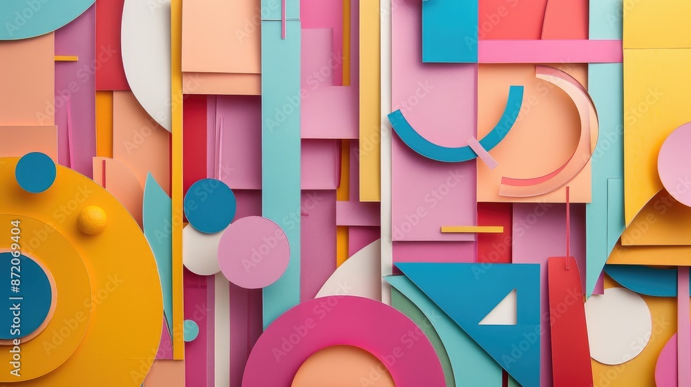 Poster geometric shapes and lines on colorful paper in a minimal cut style