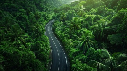 Road slicing through a verdant rainforest, highlighting the lush environment and the need for eco-friendly initiatives to save Earth